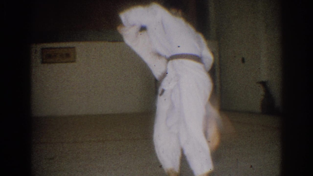 One practitioner turns into or through a throwing motion, with the other partly hidden by blur and framing in the 8mm footage.