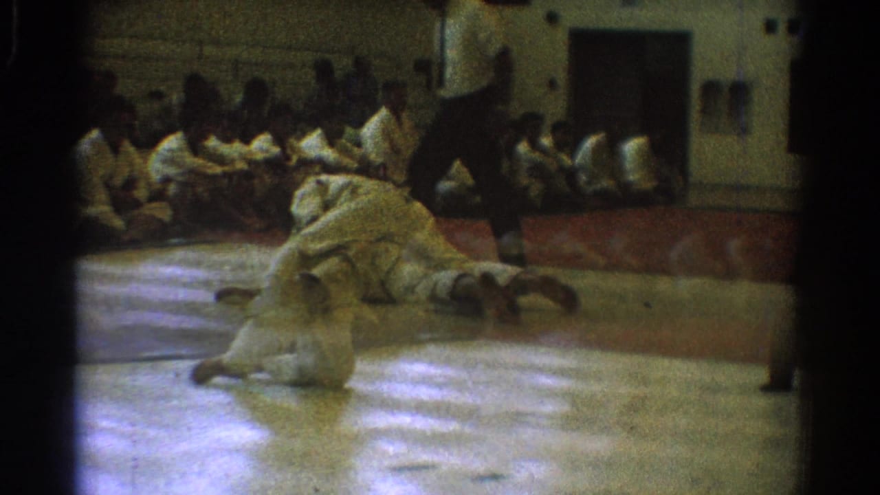 The final frame shows the 1966 karate match on the gym mat, with seated participants watching and a referee at the edge of the action.
