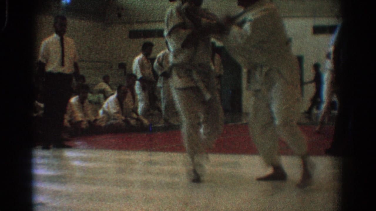 A competitor in a white uniform appears to execute a throw during the indoor martial arts match, with spectators seated behind the action.