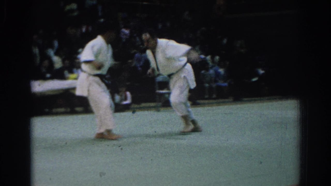 Two martial artists in white gi face each other on a green mat before spectators.