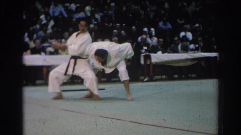 A black-belt competitor controls another martial artist during a throw sequence on a green competition mat.
