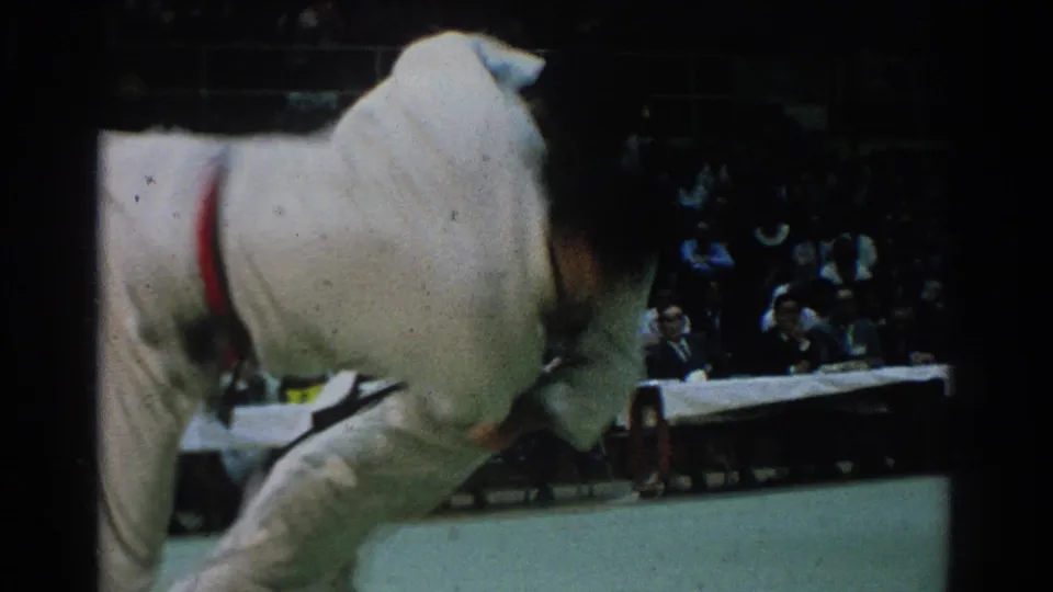 A close, blurred 8mm frame shows two judo competitors in white gis bending into a throw during the 1966 match.