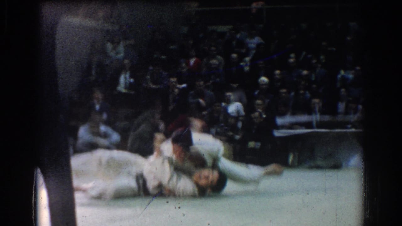 Two judo competitors on a mat as one athlete throws the other before spectators.