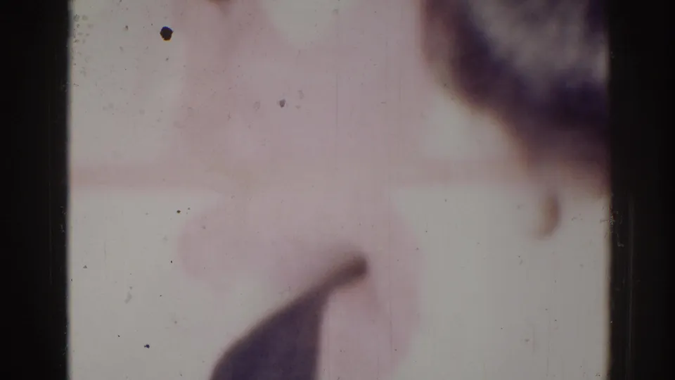 A soft-focus 1967 Los Angeles home-movie frame shows a partial figure and indistinct interior details near a wall.