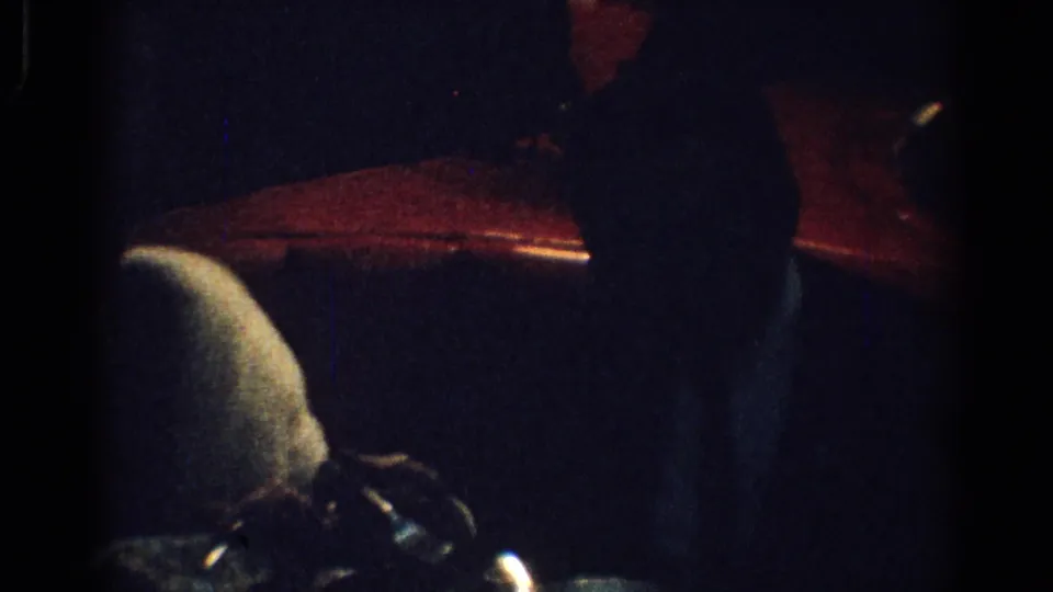 A grainy 8mm frame from 1967 Los Angeles shows a woman in a white fur stole at a shadowed restaurant table.