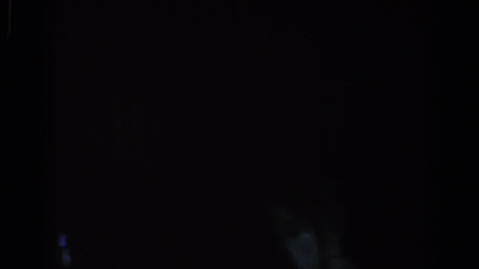 Low-light 8mm frame from a Los Angeles private interior, with faint people in silhouette and a bright window with blinds.