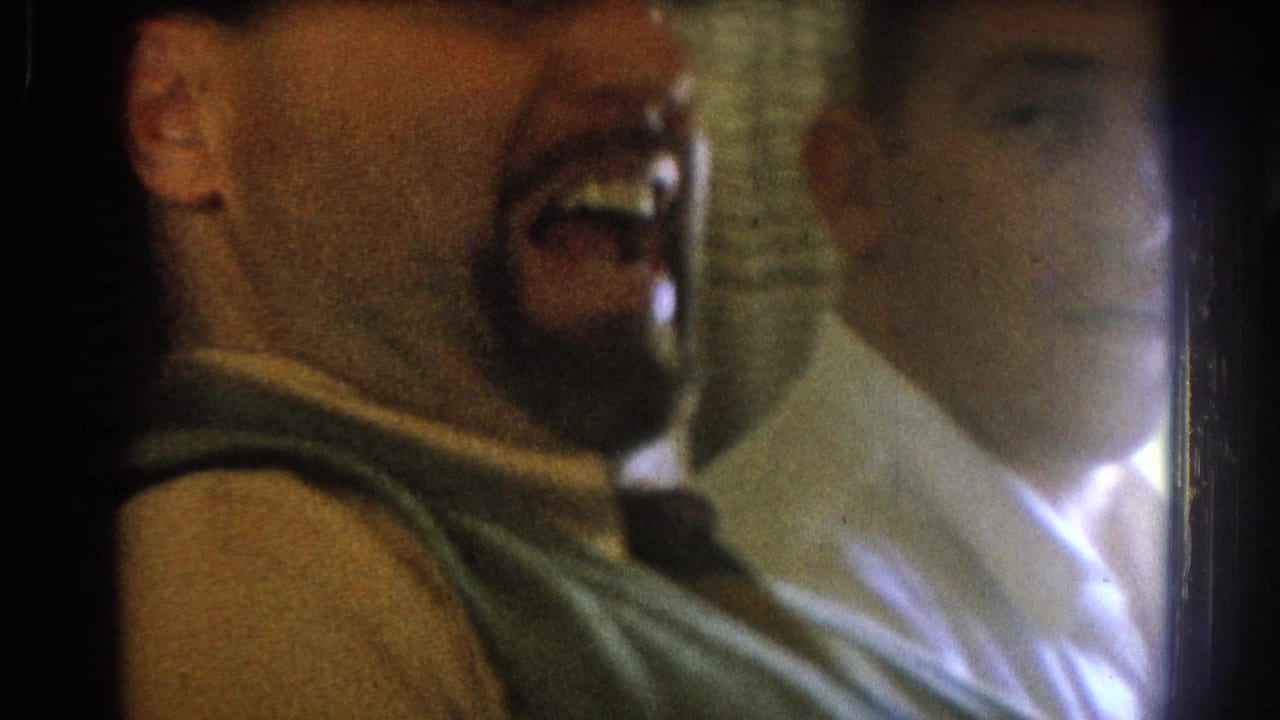 Close view of a smiling bearded man seated beside another adult passenger.