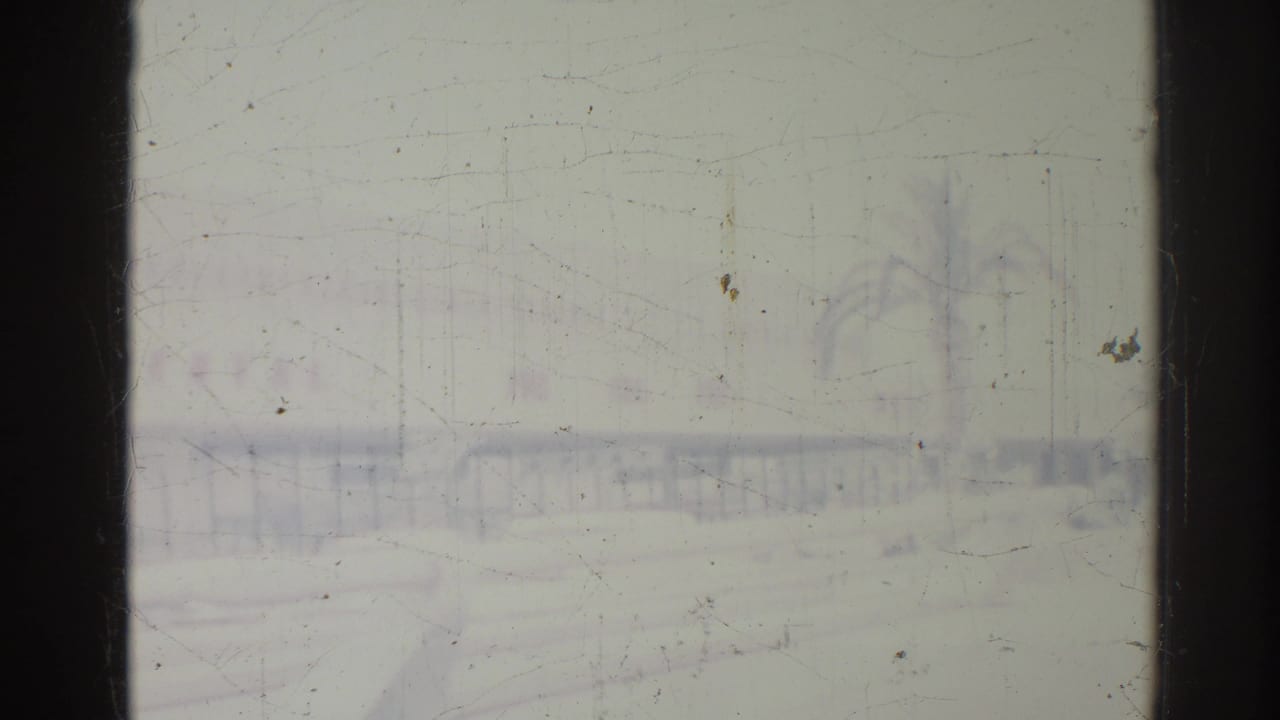 Rain-streaked window view of a pale roadway with distant palms and heavy dark frame edges.