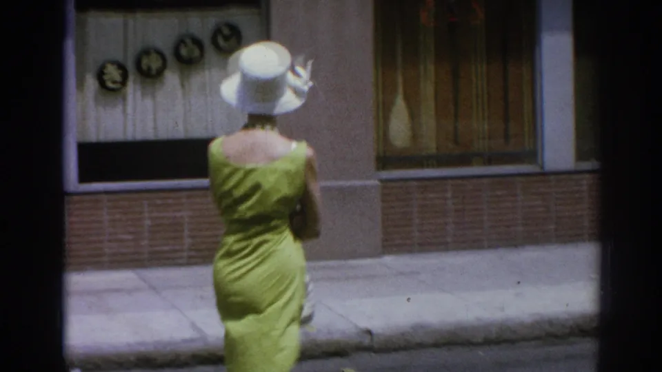 Rear view of an adult woman in a lime green dress and white sunhat facing a Los Angeles storefront with window display elements visible.