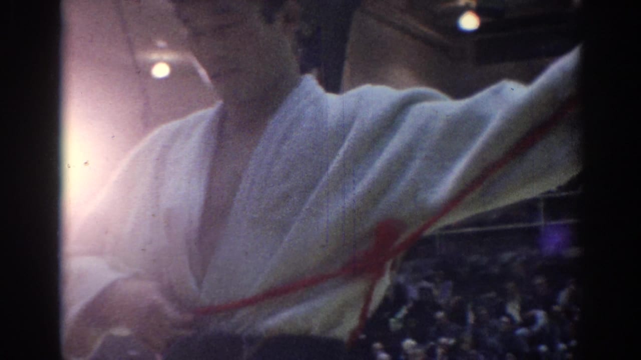 A soft, close 8mm view shows a martial arts competitor in a white gi near the lens, with lights and spectators in the background.