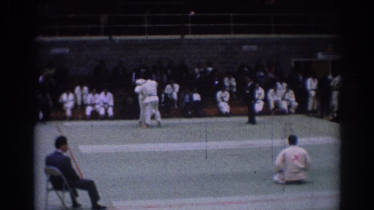 Two judoka compete on a green mat while a referee and spectators watch.