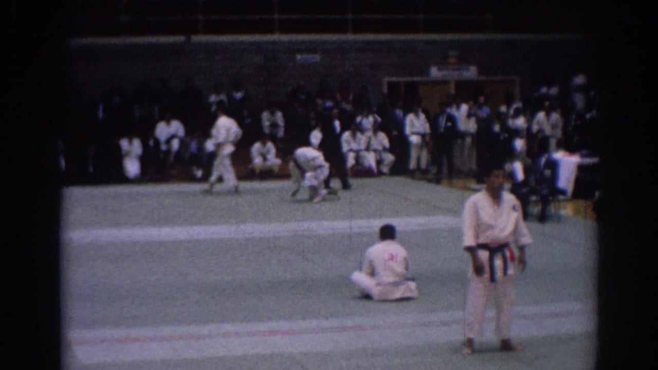 Karate competitors in white gi face off on a green mat while spectators watch from the sideline.