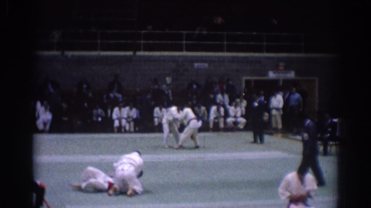 Judo athletes grapple on a green mat as spectators sit behind them.