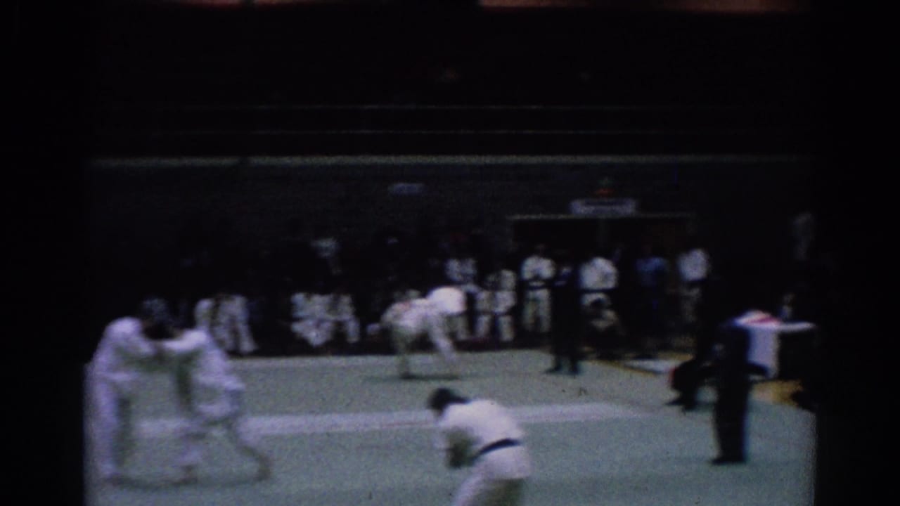 Martial artists in white uniforms compete on a green mat as a referee and spectators watch.