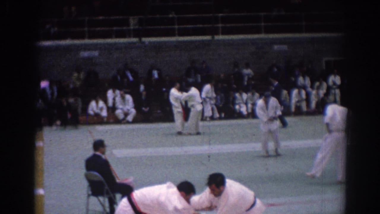 Judo competitors on a green mat with a seated judge and spectators along the wall.