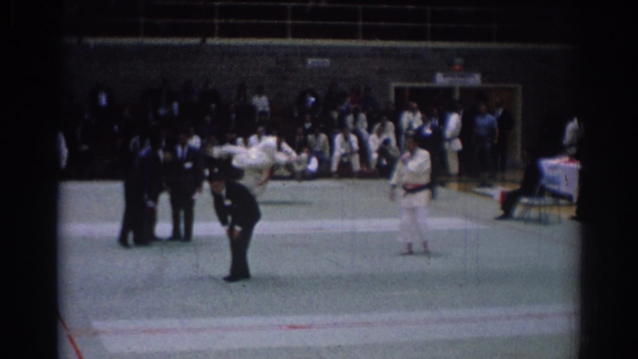 Two karate participants and a suited referee on a green indoor mat with spectators behind them.