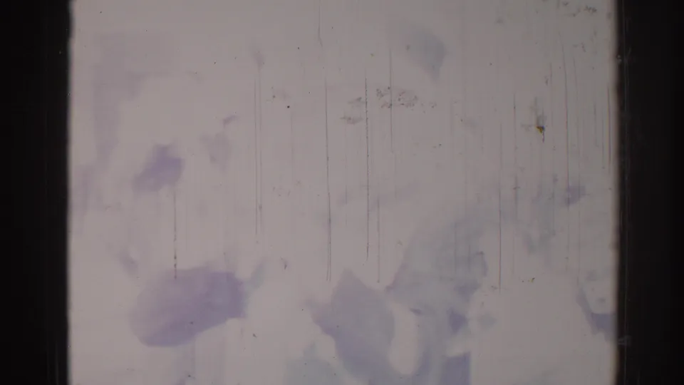 Late-1960s Los Angeles home-movie frame with barely visible people or objects, dominated by scratches, haze, and purple color shift.