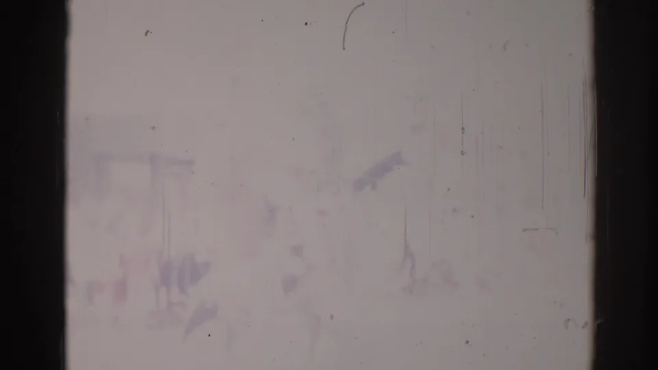 Faded 1967 Los Angeles home-movie frame with a barely discernible mounted rider or parade figure through heavy exposure and film wear.