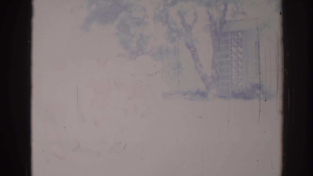 Faded window-like view with a faint tree, distant building, scratches, and dark film edges.