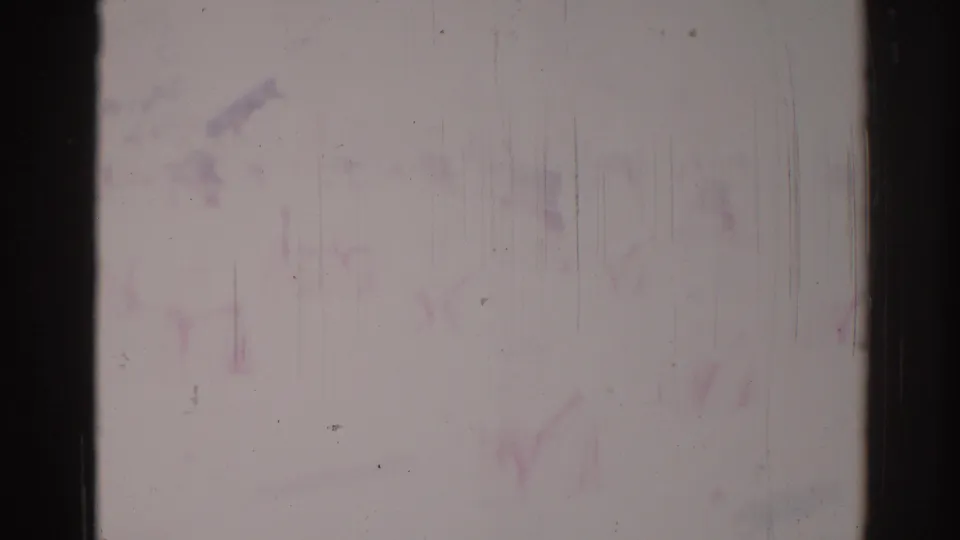 Near the end of the clip, the Los Angeles parade scene is barely visible, reduced to pale street forms, scratches, and dark 8mm borders.