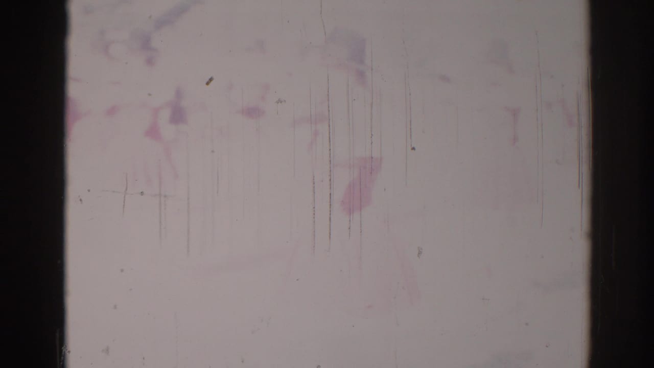 Heavily faded 8mm frame with scratches and faint roadside shapes.
