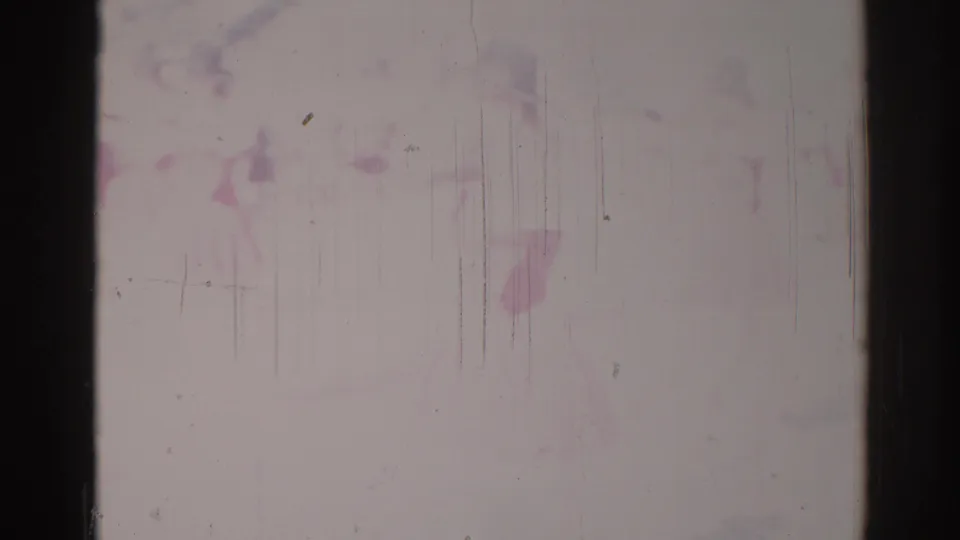 Faded 1967 Los Angeles 8mm frame with pale roadside forms, vertical scratches, and little readable detail.