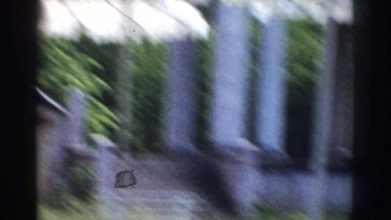 Blurred view of columns, greenery, and a paved outdoor walkway.