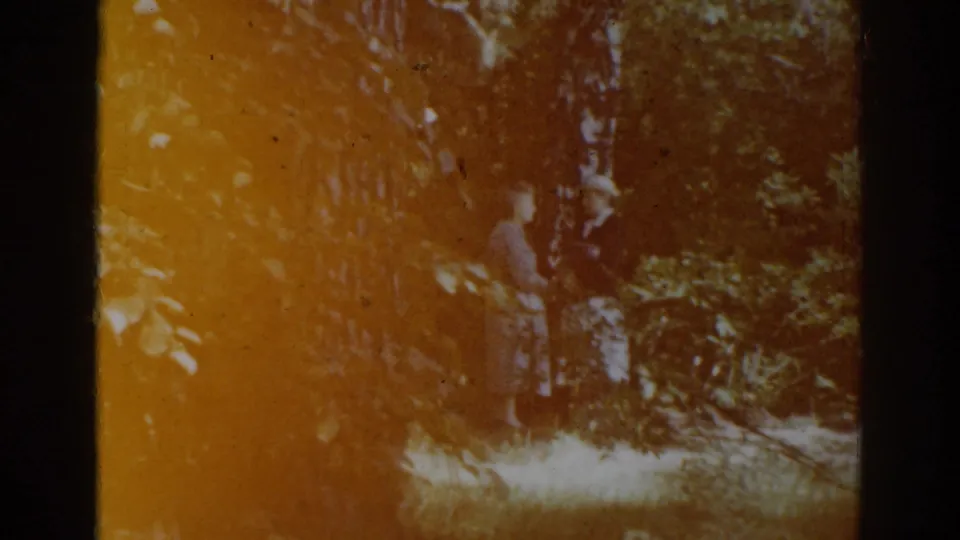 1968 8mm frame showing two people among trees near a wooded path, partly obscured by foliage and a strong orange light leak.