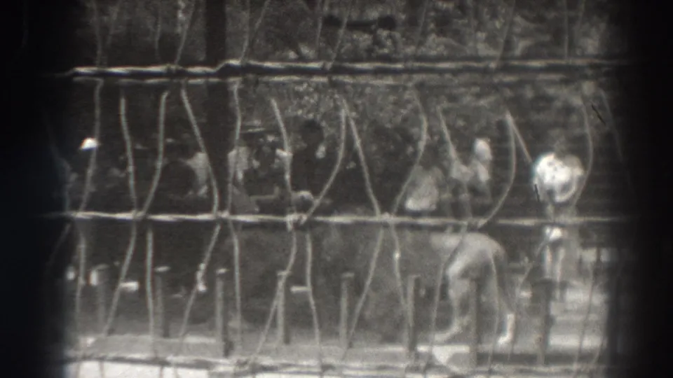 1937 El Monte frame with a lion near the edge of a wire enclosure and visitors gathered behind the fence.