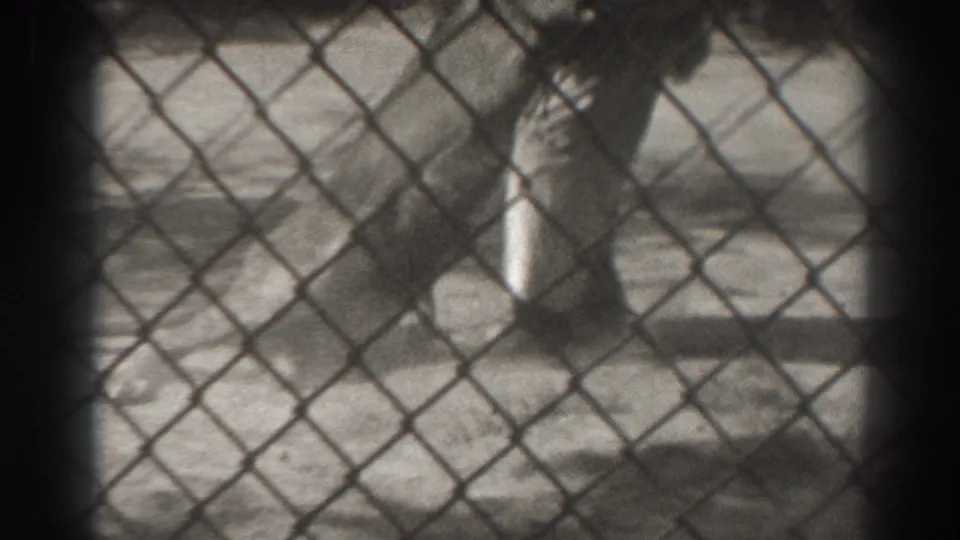 In El Monte, California in 1937, a lion lies on bare enclosure ground while a handler stands nearby behind chain-link fencing.