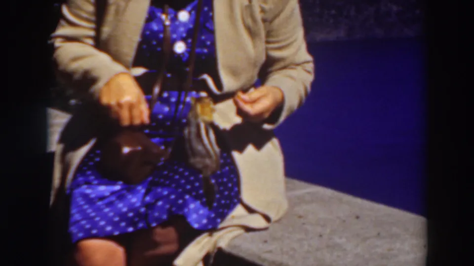 In this Lake Tahoe 1937 frame, the woman's hands hover near a small animal on her lap beside a brown purse.