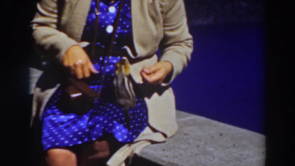In the 1937 Lake Tahoe footage, the woman sits with a handbag at her side as the chipmunk takes interest near her lap.