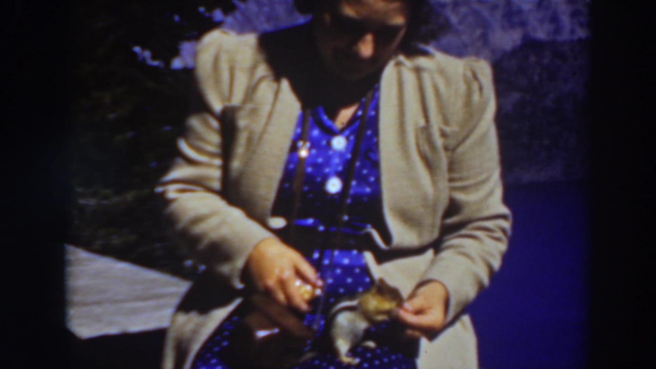 Woman in a beige jacket and blue dress feeds a small chipmunk outdoors.