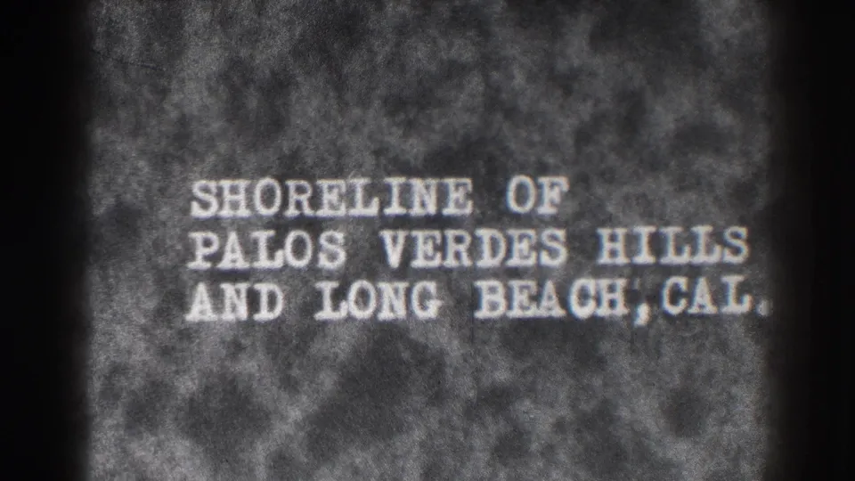 Final sampled frame holds the 1937 Long Beach and Palos Verdes shoreline title card with visible 8mm grain.