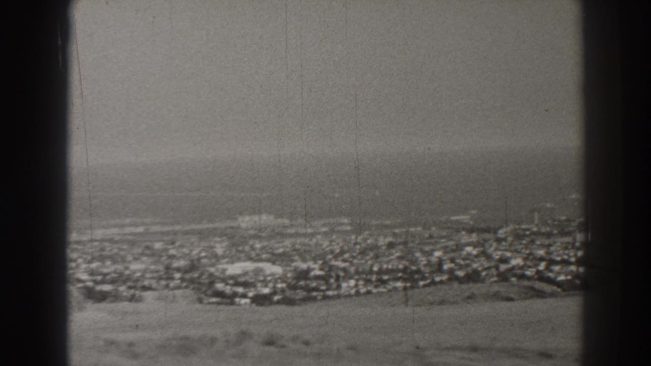 Distant coastal city and ocean horizon seen through dark vertical frame bars.