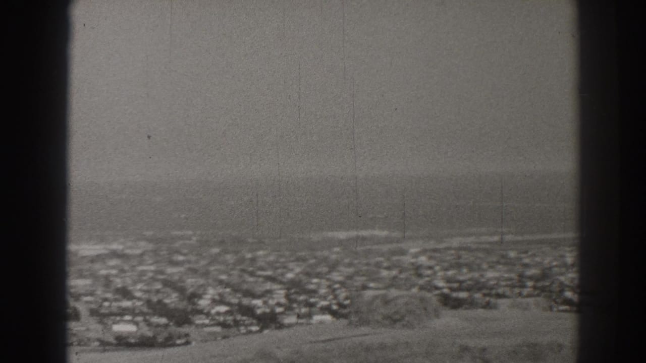 Soft black-and-white view of dense houses near a distant ocean horizon.
