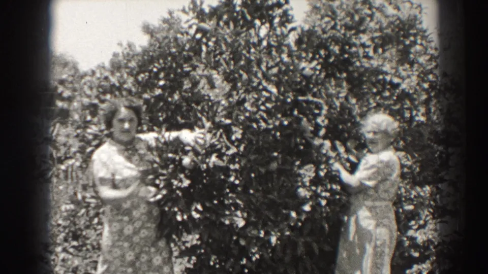 One woman looks toward the camera while the other remains by the leafy tree in the Long Beach garden footage.