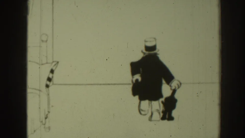 The 1937 Sacramento cartoon frame shows the suited figure beside the small black cat, with sparse line art and visible film wear.