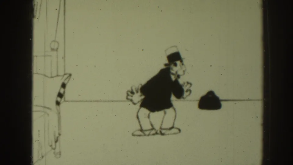 Final visible 1937 Sacramento-linked frame showing the top-hatted cartoon man gesturing near the small dark object against a sparse drawn background.