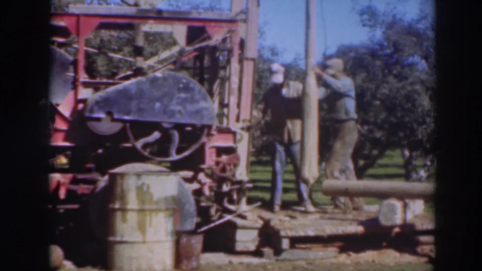 The men appear to lift or guide a long pipe or pole beside the red drilling or hoisting rig in the orchard.