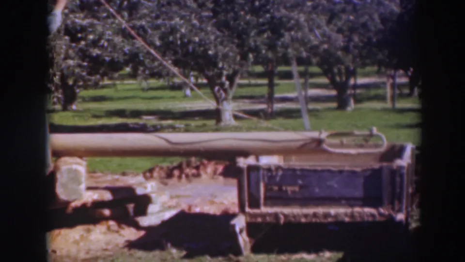 1937 Sacramento 8mm frame showing a long wooden beam, rope, metal frame, grass, and rows of trees in bright daylight.