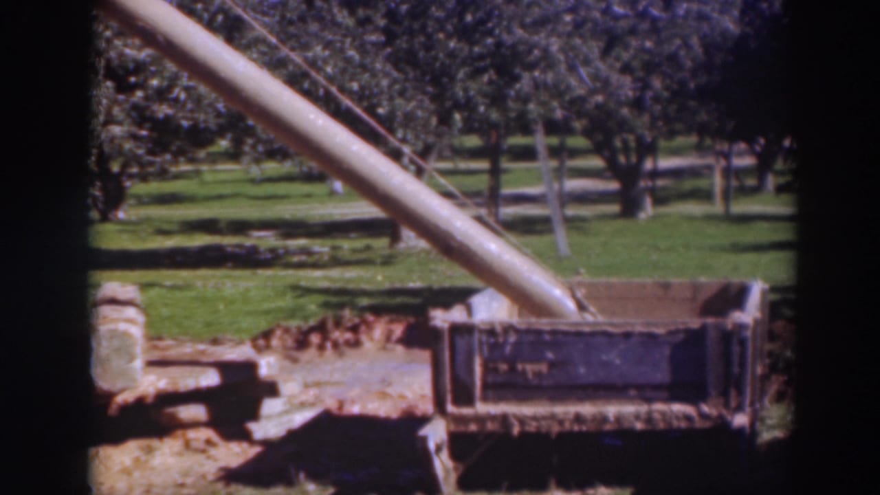Concrete chute over a wooden form in a grassy outdoor area with trees behind it.