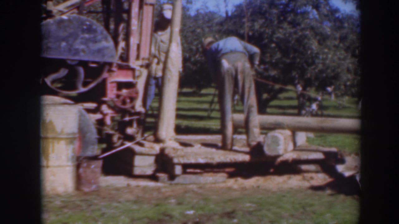 Man bends beside a mechanical rig in a sunny orchard with a long log on the ground.