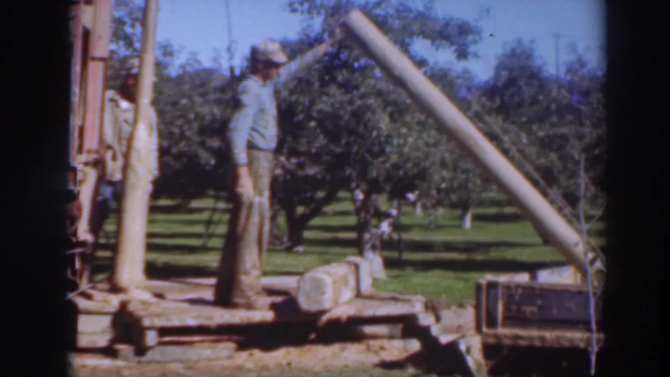1937 home-movie frame of a worker beside a support post and long pole mechanism in a Sacramento orchard setting.