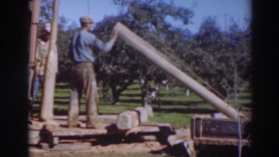 A Sacramento-area orchard worker stands with his back to the camera near the large cylindrical pole mechanism.