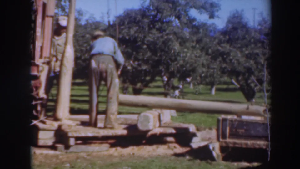 In 1937 Sacramento footage, a worker in a light shirt stands near a log loader and wooden beam in an orchard.