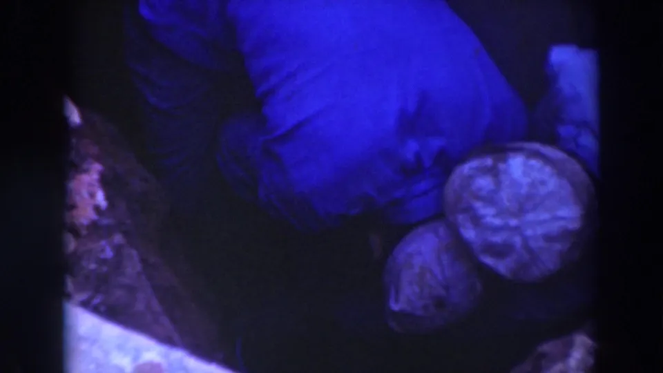 1937 Sacramento 8mm frame showing workers in pale caps near a dark pit edge, with blue color shift and low-light grain.