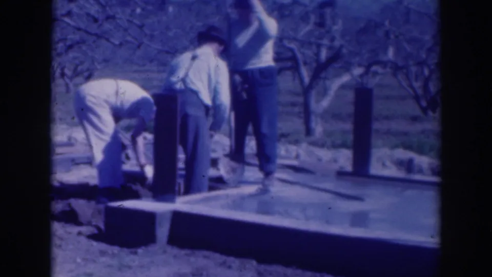 A fixed 8mm view shows one adult bending at the worksite as two others stand near the concrete platform in the orchard.