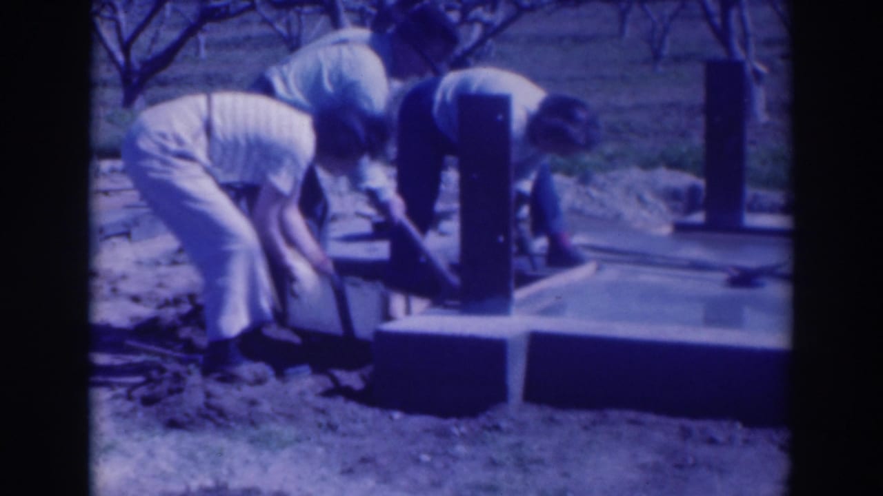 Two adults bend over with shovels beside a concrete base in an orchard.