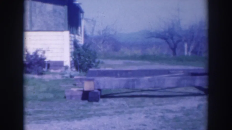 The camera frames the work area from farther back, showing a concrete slab, building edge, grass, hose, and orchard beyond.